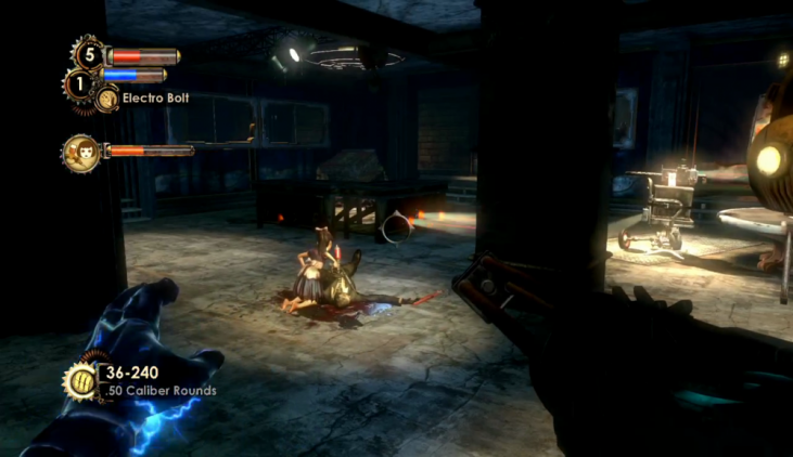 Big Daddy Delta protects a random Little Sister in Bioshock 2