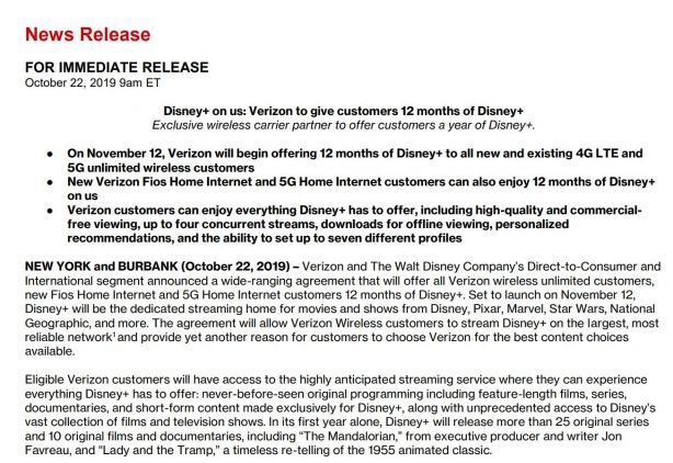 Verizon Fios Free 12-month Disney Plus