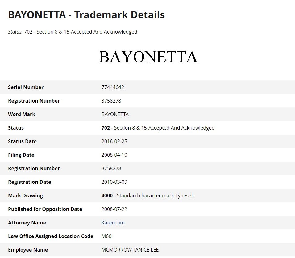 Bayonetta trademark december 2019