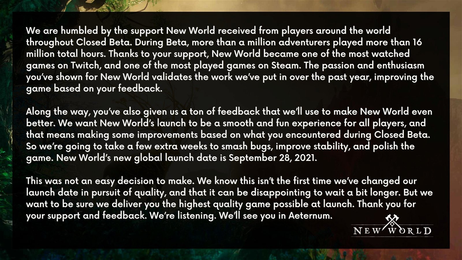 Amazon's New World MMO delayed