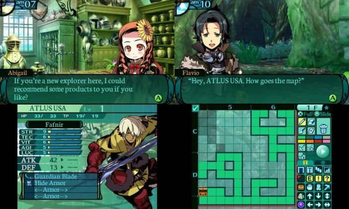 Image is two side by side pictures. The left one shows a young brown-haired shopkeeper girl at the top and the character profile of a young man at the bottom. The right image shows a brunette young man at the top and the image of a dungeon map at the bottom.