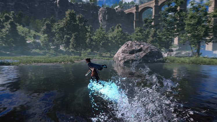 Frey surfs across a lake in Forspoken.