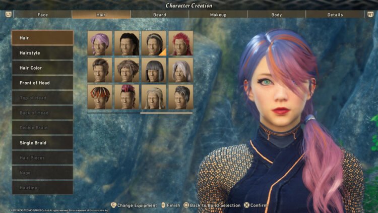 Selecting a hairstyle for the hunter in Wild Hearts by Koei Tecmo.