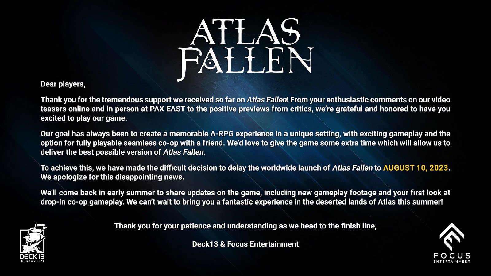 Atlas Fallen delayed 3-29-2023