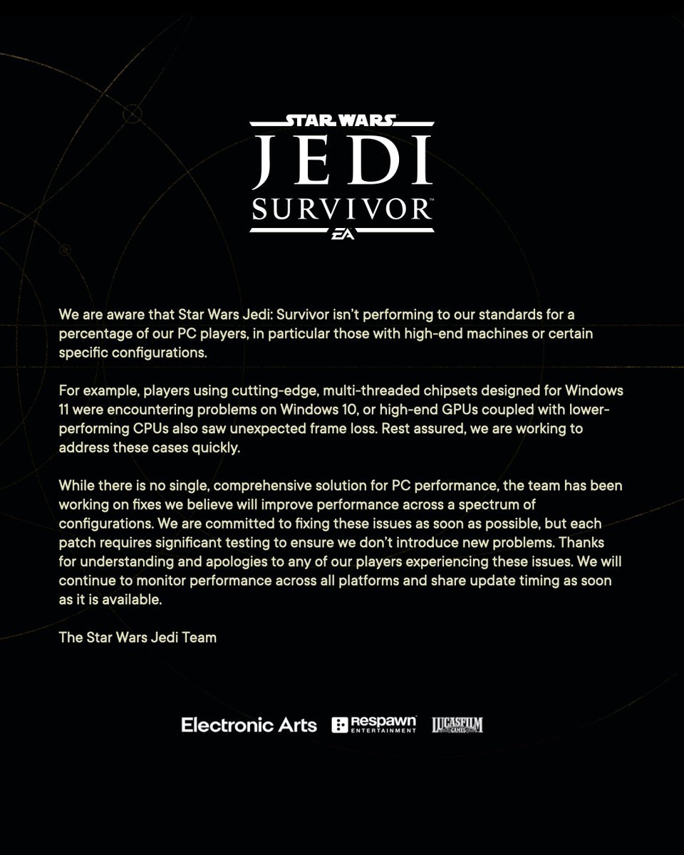 EA Respawn Star Wars Jedi Survivor apology