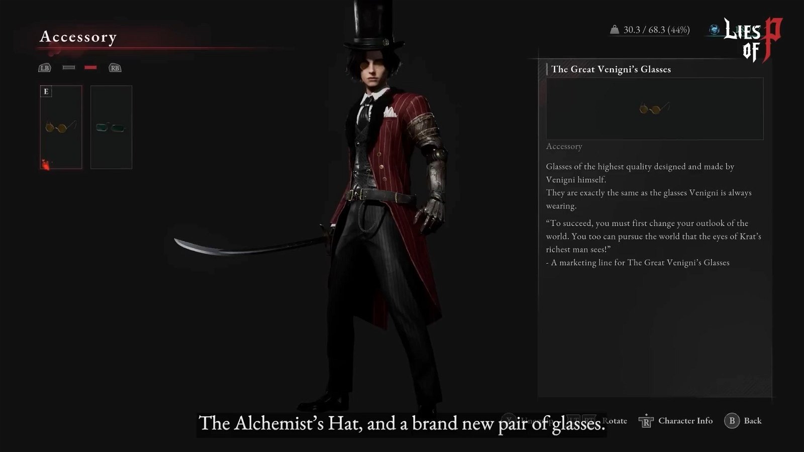 Lies of P Alchemists Hat and Glasses