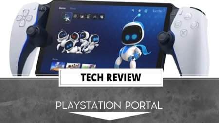 The Playstation Portal Remote Player, streaming a PS5 home screen and display Astro. There is also a banner that read, "Tech Review" and "Playstation Portal".