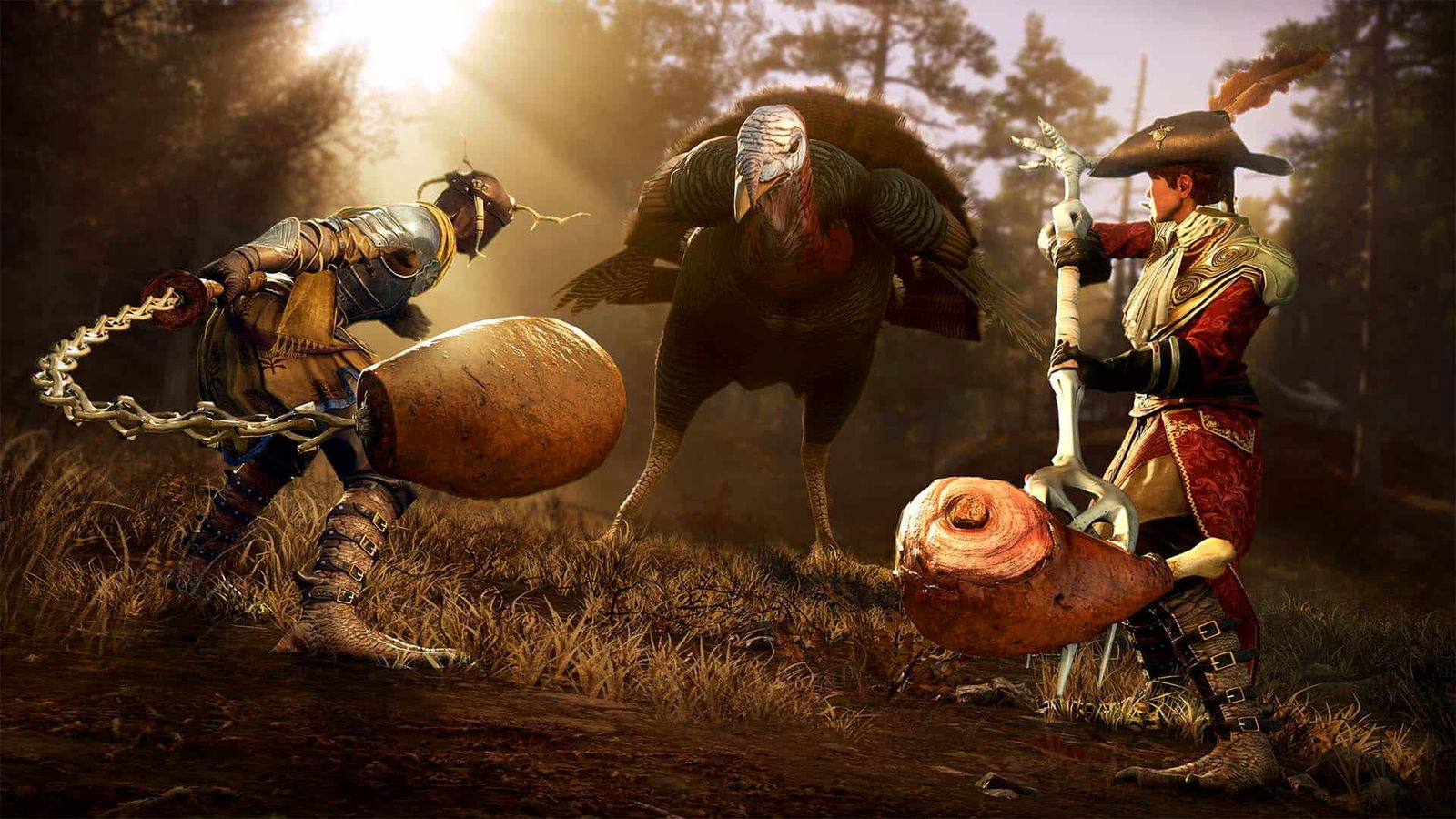 A picture of two players fighting a giant turkey with food items in New World Aeternum