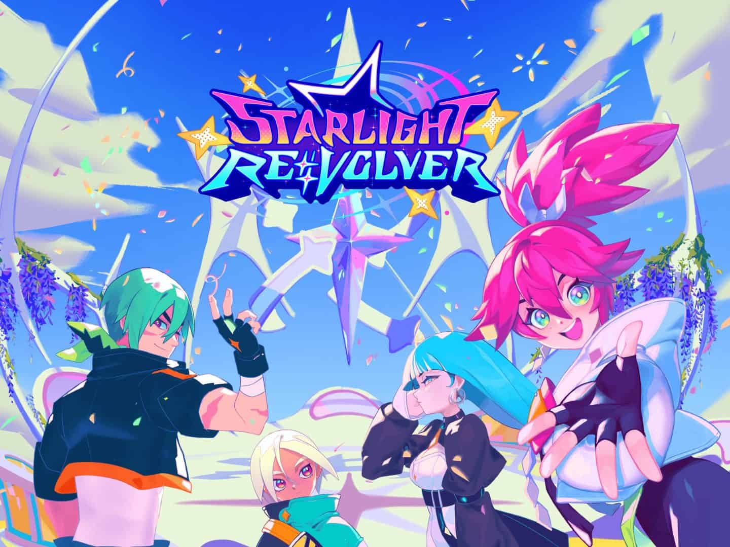 Image with 3 characters all with different hair colors moving towards the words "Starlight Re:Volver"