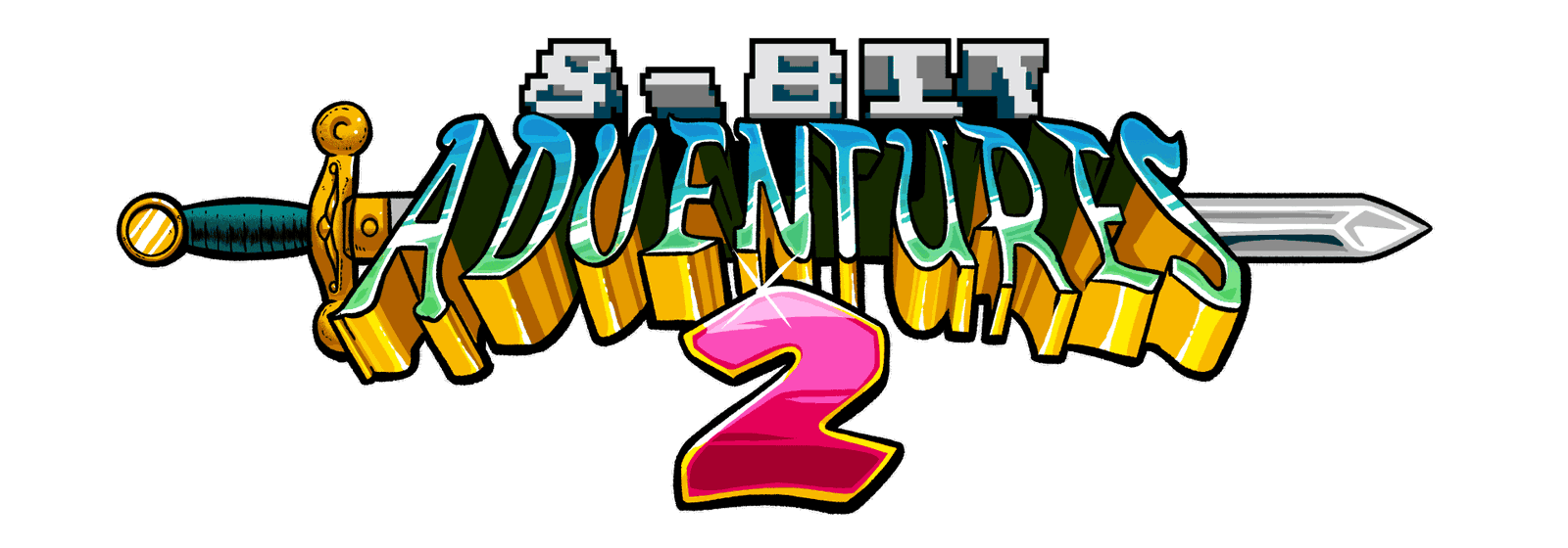 White background with text that says 8-bit adventures 2 on a medieval sword