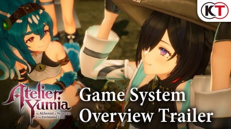 Text over Yumia the character that reads " Atelier Yumia: The Alchemist of Memories & the Envisioned Land Game System Overview Trailer"